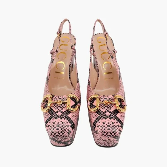 Gucci Baby 120 Horsebit Platform Pumps EU 38.5 US 8.5 Pink Python Slingback Heel - Picture 3 of 13
